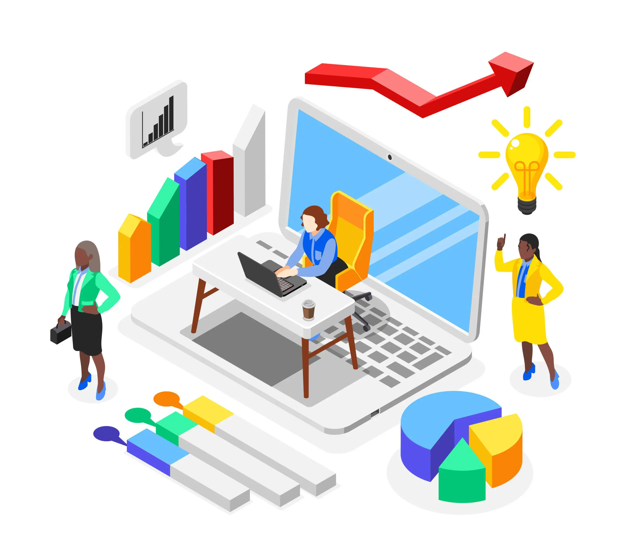 Ladies Doing Business Composition Business lady isometric composition with laptop and small female characters with infographic elements and lamp bulb vector illustration